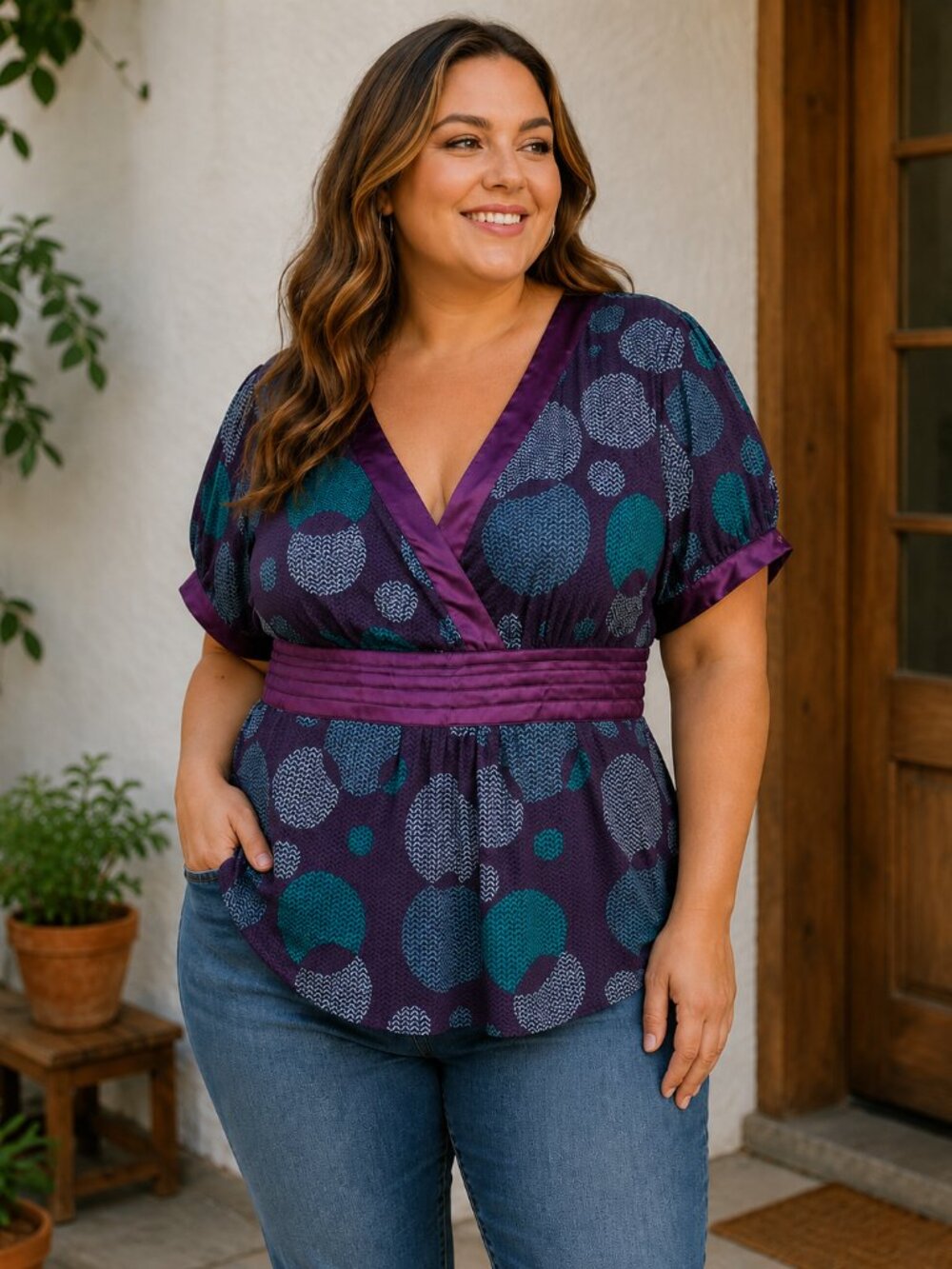 L8ter NWT Women's V-Neck Tunic Top Size 3X Purple Green Belted Babydoll